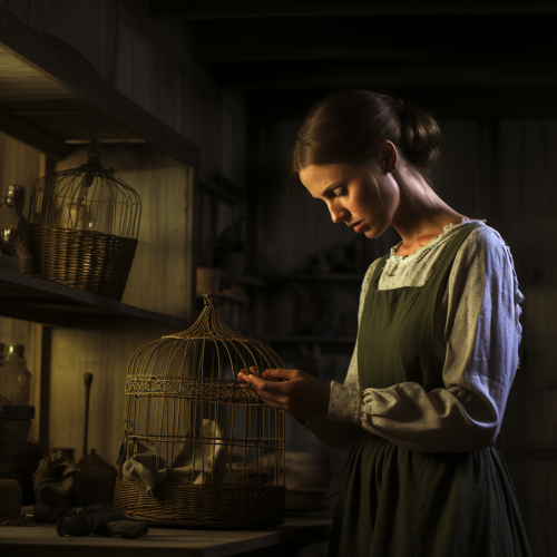 Two women with a canary and a broken birdcage