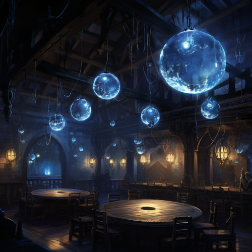 Mysterious blue glowing sphere in dimly lit tavern