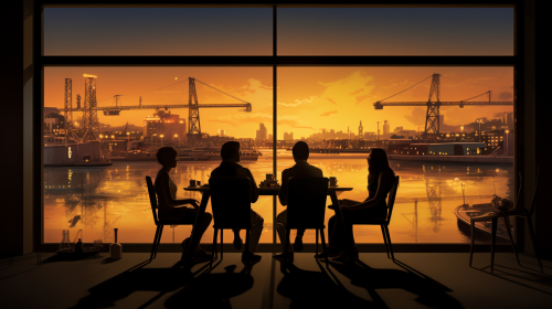 Dinner table with industrial port view