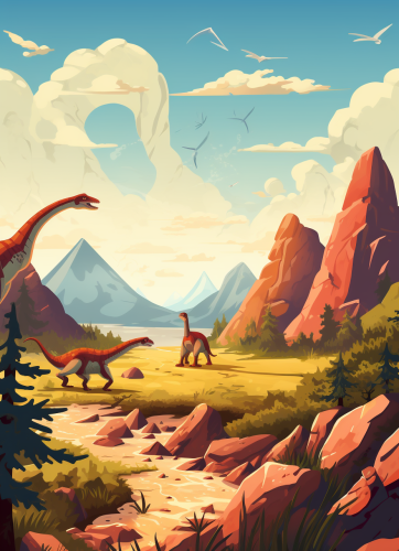 Cartoon-style dinosaurs in prehistoric landscape