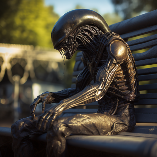 Sad xenomorph sitting on a bench