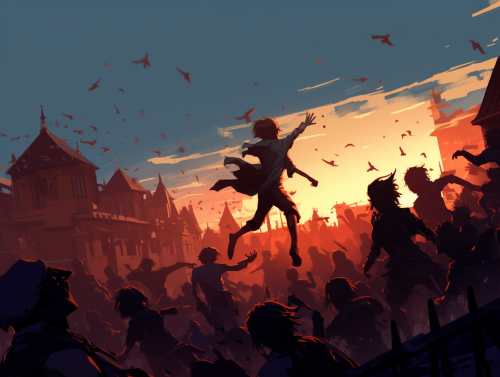 Silhouette of Many Zombie Horde Chasing