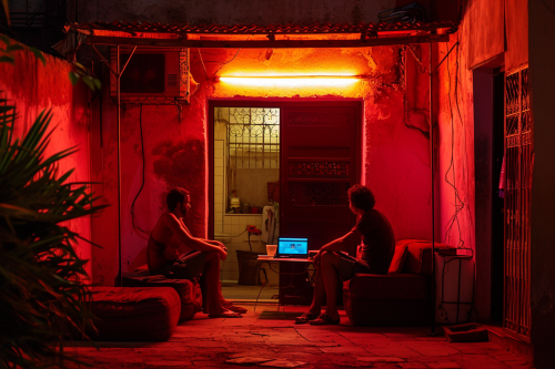Two European Men Laughing and Talking on Red Moroccan Cushions Two European Men Laughing and Talking on Red Moroccan Cushions