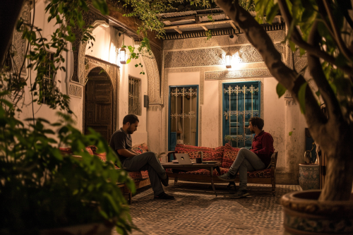 Two men discussing on red Moroccan cushions Two men discussing on red Moroccan cushions