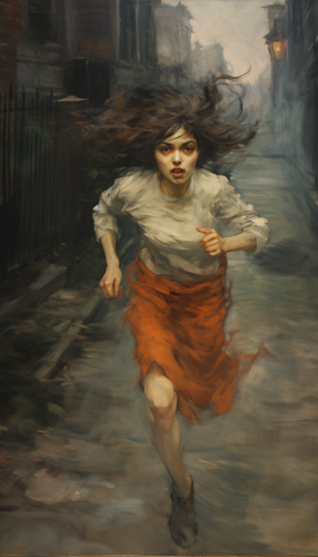 Disheveled woman running on pavement