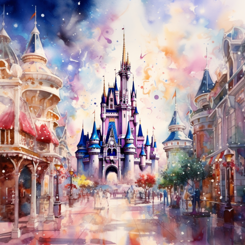 Colorful Disney World Watercolor Illustration with Characters