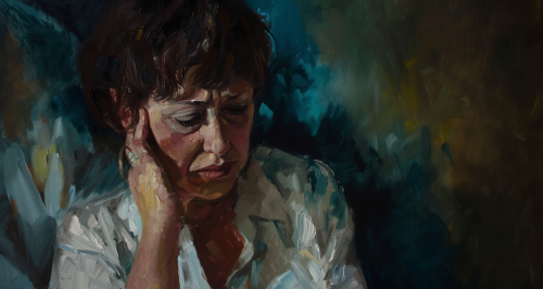 Distressed woman holding phone in dark room