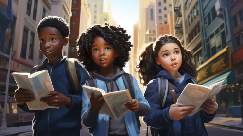 Diverse Children Holding Blue Pamphlets in City