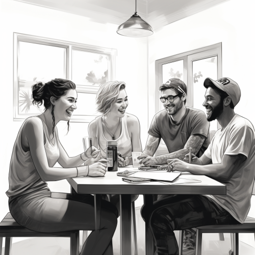 diverse group of college-aged people at kitchen table