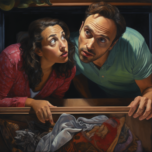 Ethnically diverse couple searching bedroom drawer