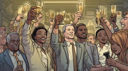 Diverse group toasting at event in comic-style illustration