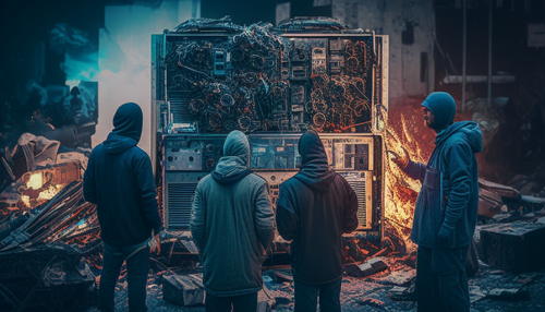 Diverse employees examining computer hardware on fire