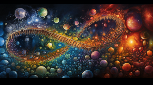 DNA double helix surrounded by cosmic elements
