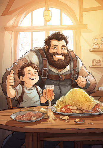 Cartoon-style DnD Storm Giant eating with small kid