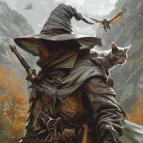 Wizard adventure with gray hat and cat Wizard adventure with gray hat and cat