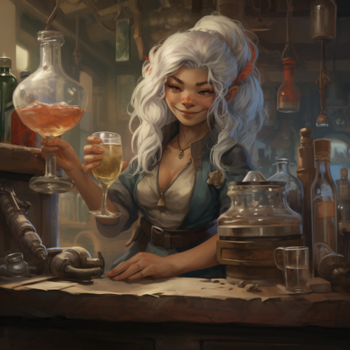 Female gnome bartender in Japanese attire