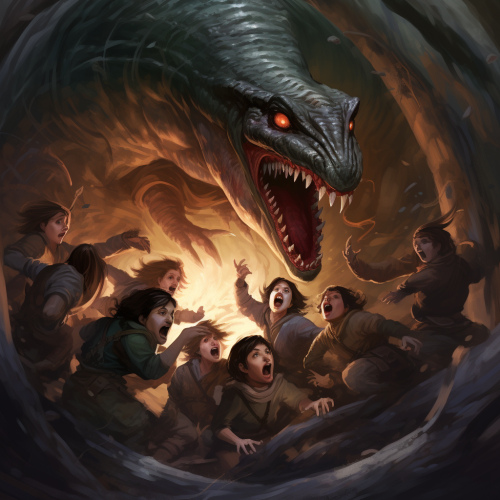 Adventurers facing horrifying sandworm monstrosity Adventurers facing horrifying sandworm monstrosity
