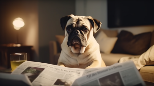 Cute dog reading newspaper in modern living room  ?