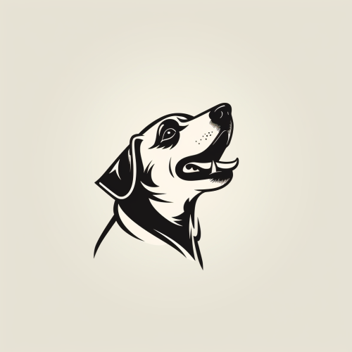 Hand-drawn black and white logo of a barking dog