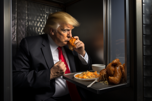 Donald Trump eating spicy chicken wing in telephone booth