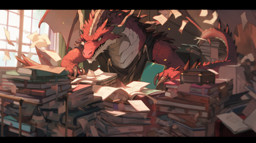 Anthropomorphic dragon working on a desk full of books