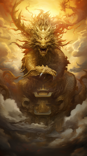 Dragon King of Wealth surrounded by Sun and Golden Cloud Dragon King of Wealth surrounded by Sun and Golden Cloud
