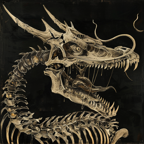 Sinister dragon skeleton on black background