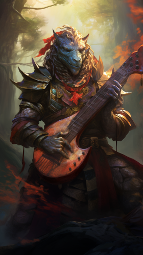 Dragonborn performing ritualistic dance with harp in enchanted forest