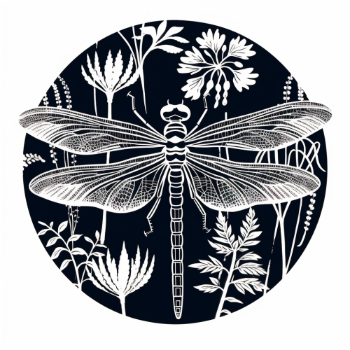 Beautiful dragonfly linocut illustration on white background