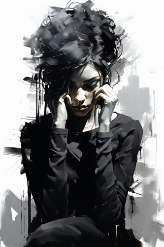 Woman wrapping arms in dramatic black and white light