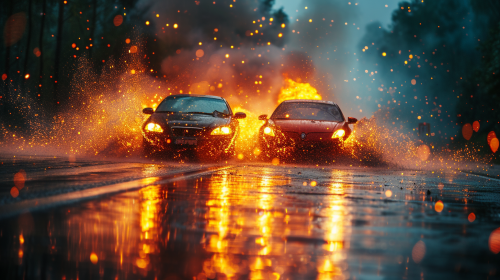 Two Cars Colliding on Wet Road
