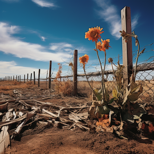Withered flowers on dry soil with fence in background