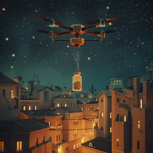 Drone delivering medicine pills tote