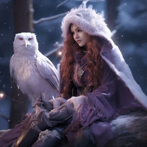 Small Druid Fairy with Owl in Snow