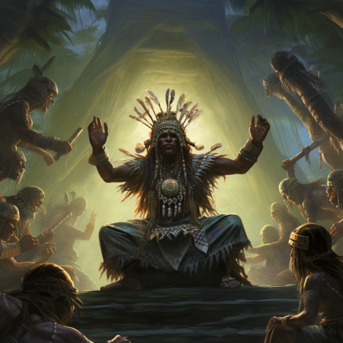 Illustration of Holloway engaged in drumming ritual