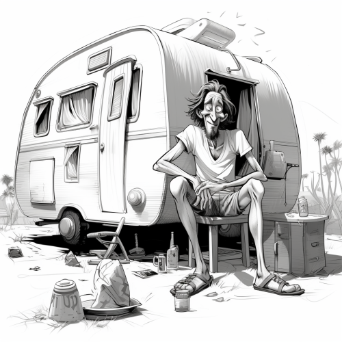 Funny cartoon sketch of a drunk skinny man by a caravan