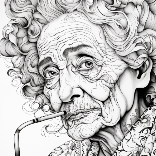 Black and white coloring book page of an ugly drunk woman