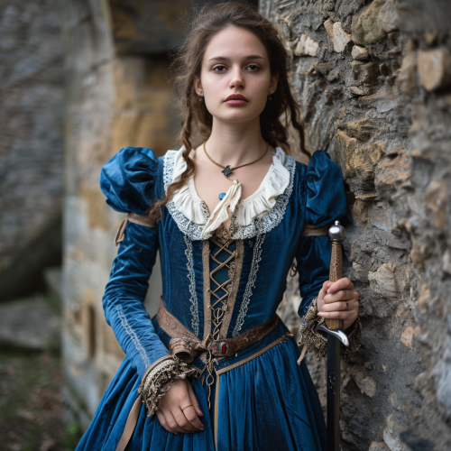 Dumpy female in blue dress with dagger