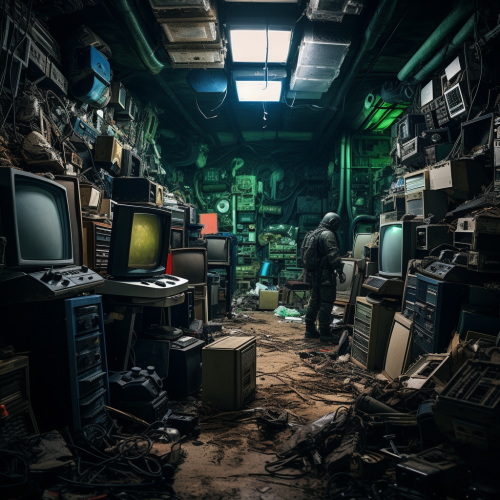Old dusty storage room with technology hoard Old dusty storage room with technology hoard