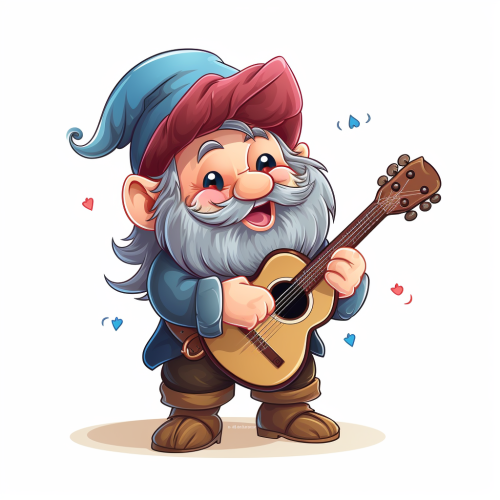 Cute dwarf bard playing guitar on a white background