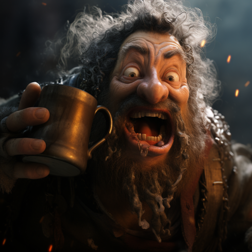 Close-up of dwarf's face being hit by a mug