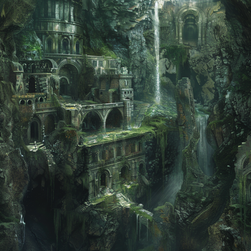 Dark cave with waterfall and moss Dark cave with waterfall and moss