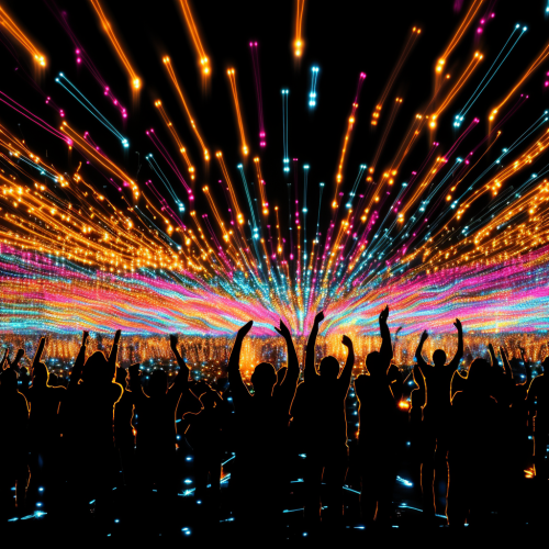 Vibrant pixel art of early 2000s rave scene