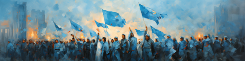 Oil painting of East Turkistan with Turkish flags and people