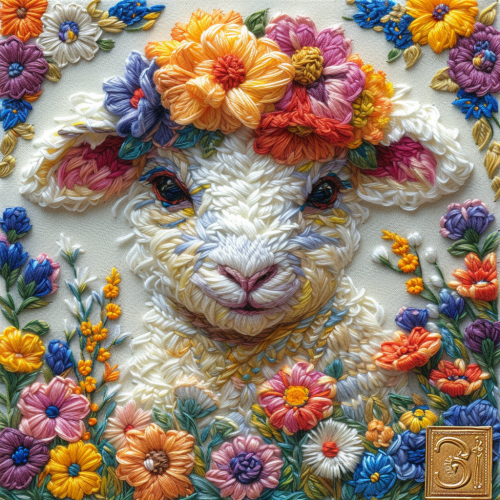 Easter Lamb with Colorful Embroidery on White