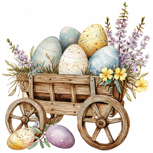 Cute Easter Wheelbarrow in Watercolor Style