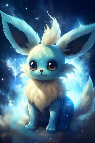 Eevee-like blue cosmic pokemon with windy tail and ears stars