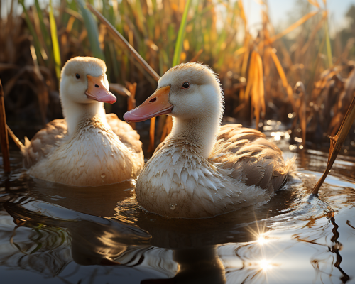 Egyptian geese swimming in shallow water