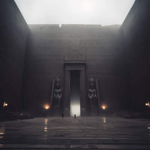 Gigantic Egyptian temple surrounded by eerie fog
