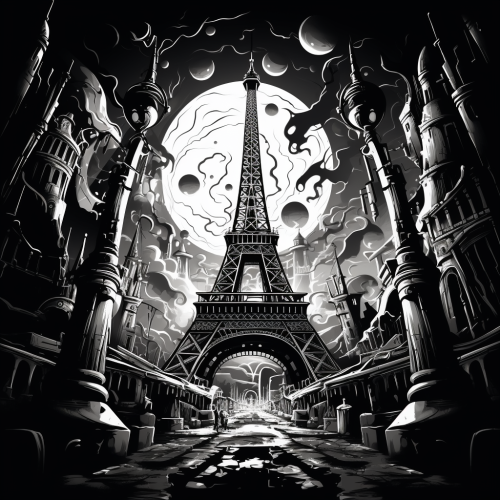 Eiffel Tower retro-futuristic black and white drawing
